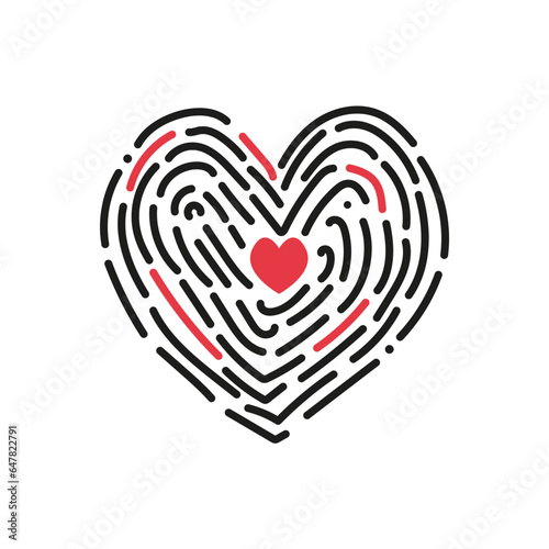 Fingerprint heart icon. Romantic hand-drawn sign, doodle vector illustration isolated on white background