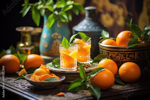 A glass topped table showcasing a vibrant display of fresh oranges. Ideal for food and beverage concepts.