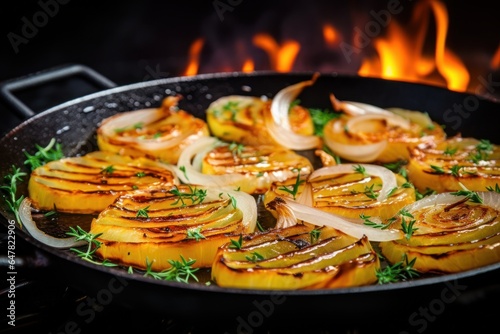 A skillet filled with delicious grilled onions, perfect for adding flavor to any dish. This versatile image can be used in various culinary, cooking, or food-related projects.