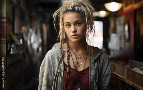 Wallpaper Mural A radiant young woman with a side-shaved hairstyle combined with dreadlocks stands casually by a graffitied wall. Generative AI Torontodigital.ca