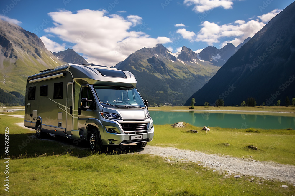 Motorhome on the landscape with mountains and lake. Car traveling illustration. Freedom vacation travel. Caravan design concept