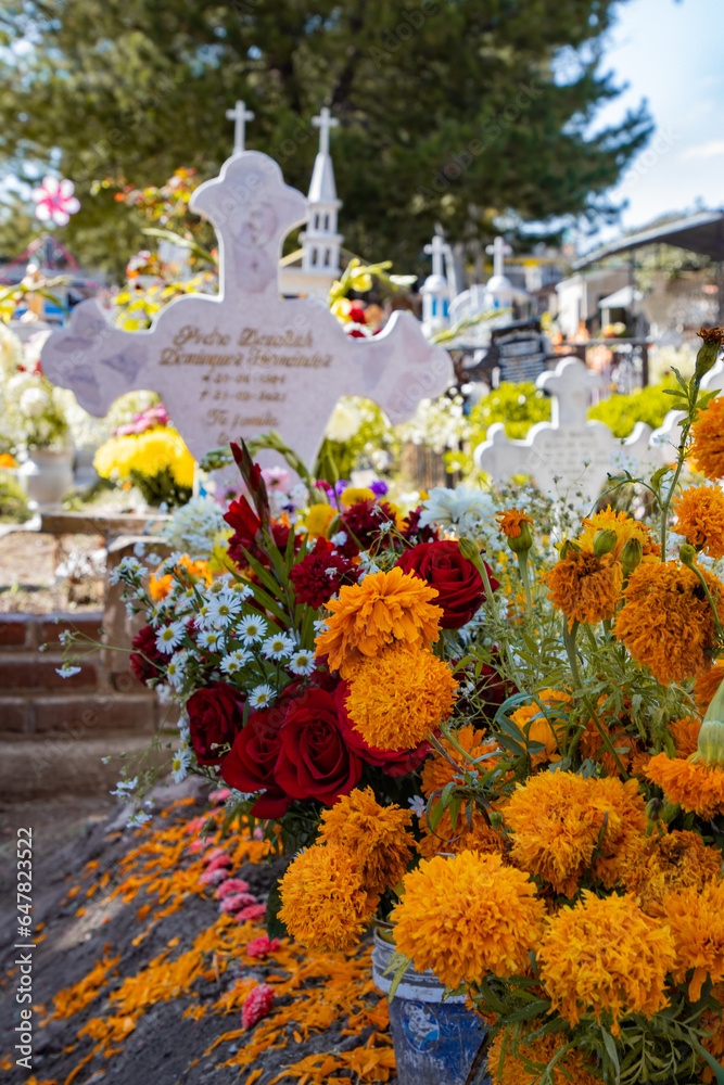 Imagen vertical de una tumba en Día de Muertos, decorada con