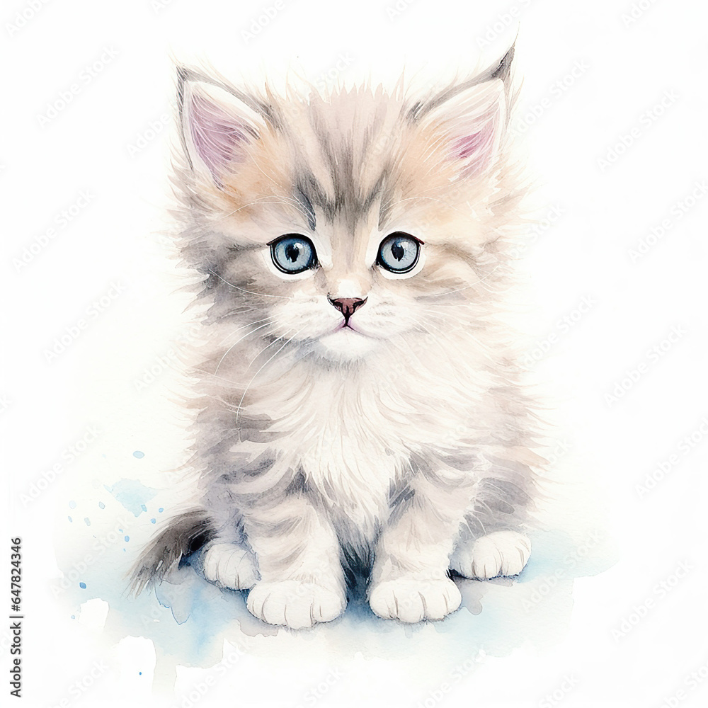 Serene Fluffy Kitten with Gentle Gaze in Delicate Blue Watercolor Tones