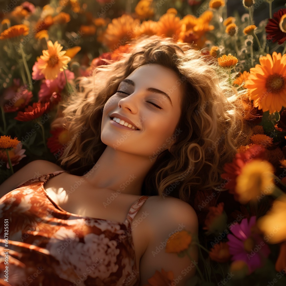 A woman lies down in a field of colorful flowers