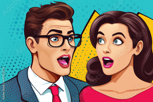 A dashing young man and a glamorous woman in glasses, both caught in a moment of genuine surprise, against a dazzling retro comic background.