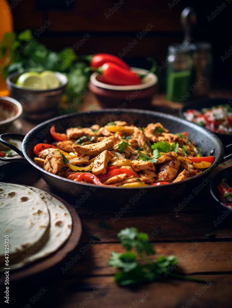 Delicious chicken fajita in a pan with corn tortillas, jalapeños and cilantro on wooden table in the kitchen