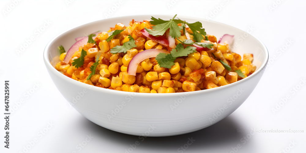 Homemade Mexican corn esquites salad in a white bowl on white background, Mexican traditional street food Homemade Mexican corn esquites salad in a white bowl on white background, Mexican traditional street food