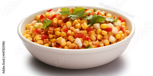 Homemade Mexican corn esquites salad in a white bowl on white background, Mexican traditional street food