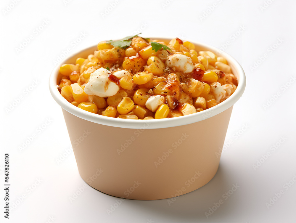 Homemade Mexican corn esquites salad in a paper cup on white background, Mexican traditional street food Homemade Mexican corn esquites salad in a paper cup on white background, Mexican traditional street food