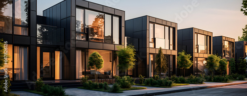 Modern modular private black townhomes. Exterior of residential architecture.  © lutsenko_k_
