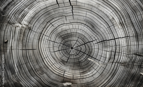 Warm gray texture of a cut tree. Detailed black and white texture of a cut tree trunk or stump. Rough organic wood rings with close-up of end grain. 