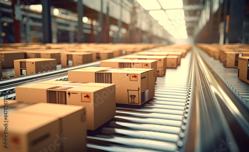 Close-up of several cartons of cardboard boxes moving smoothly on a conveyor belt in a warehouse fulfillment center.