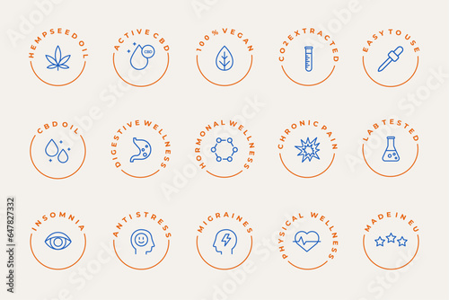 CBD oil benefits vector icons set collection. Hemp seed oil, vegan, co2 extracted, digestive, hormonal wellness, chronic pain,  laboratory tested, insomnia, anti stress, migraine. Editable stroke.