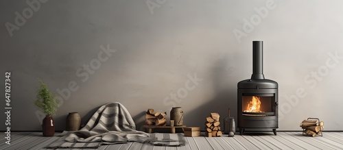 Fotografia Fire in contemporary stove firewood and coffee pot Striped rug on the floor