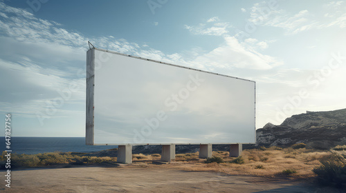 Blank empty billboard mockup on summer beach, seashore. Creative large format tropical vacation and travel advertising template.