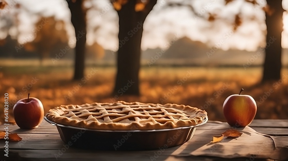 Autumn still life with a freshly baked apple pie cooling on a table with two apples, ready for thanksgiving day dessert - obrazy, fototapety, plakaty 