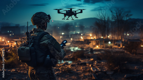 Soldier operating drone to monitor in warzone. Generative AI