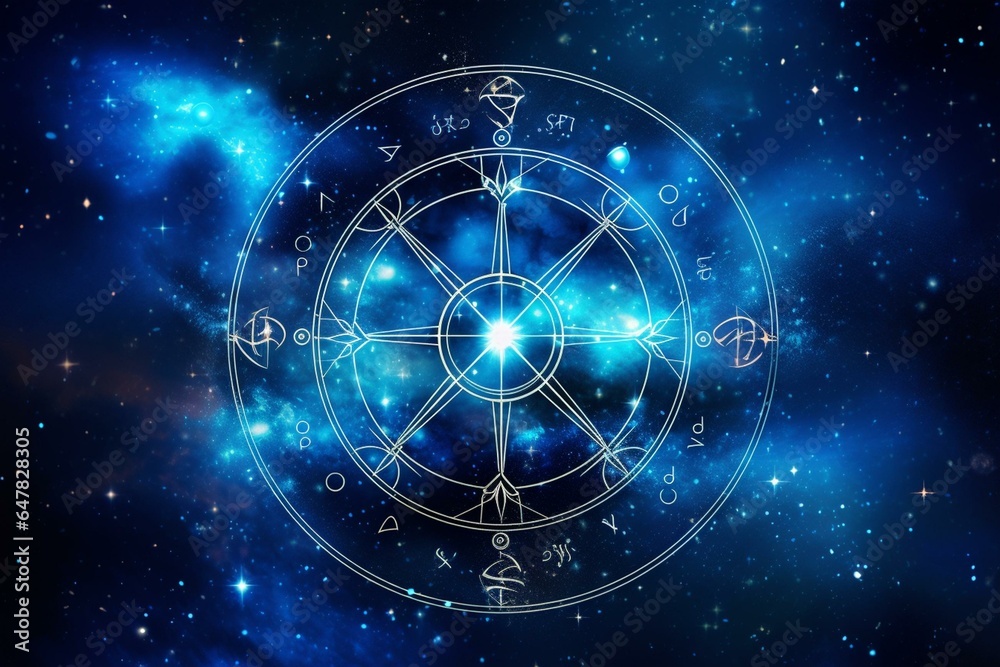 Astrology symbol picture with horoscope, stars, and blue nebula representing Sagittarius zodiac sign. Generative AI - obrazy, fototapety, plakaty 