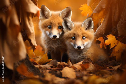 Cute baby foxes couple in fall leaves