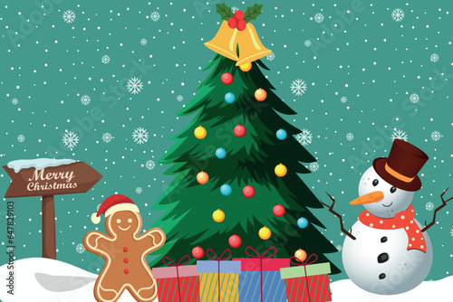 Christmas Card with snow man Christmas tree and Gingerbread. Trendy retro cartoon style. Happy New year greeting card, poster, template, print, party invitation, background.