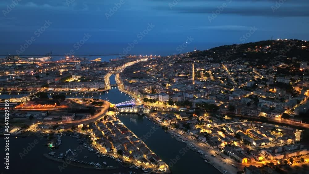 Sete french maritime city by night aerial shot Sete french maritime city by night aerial shot