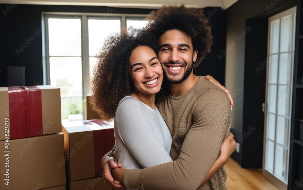 Obraz premium Young man and woman apartment buyers celebrating relocation, removal, mortgage, new house purchase concept. Generative AI