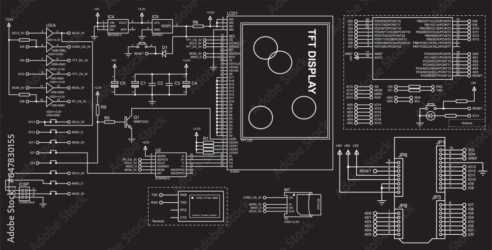 Vector electrical schematic diagram for displaying graphic and text information on a tft display 
and terminal. Arduino schematic project. Electronic circuit board with components  - obrazy, fototapety, plakaty 