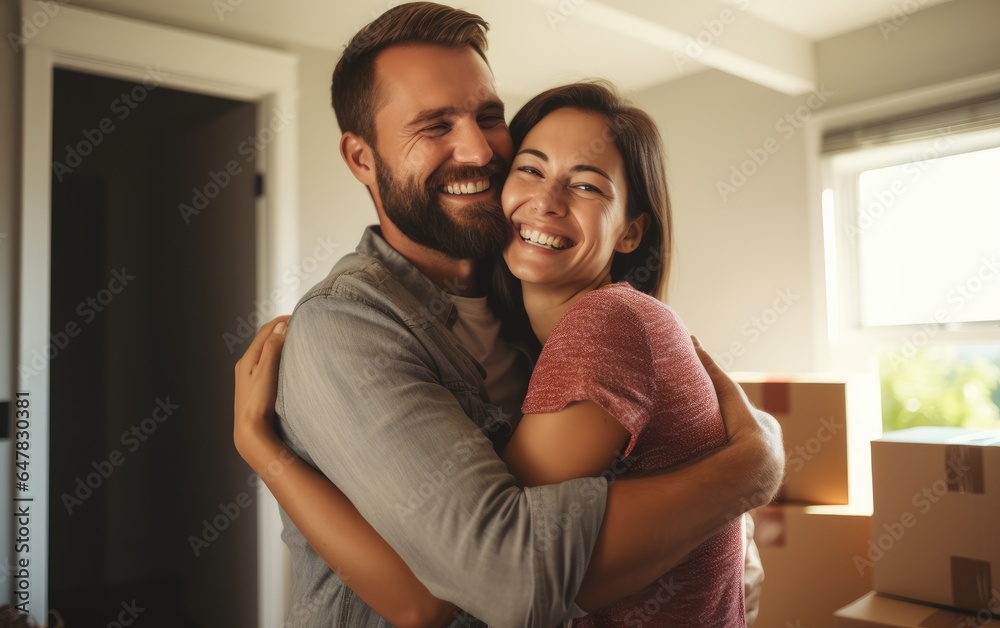 Fototapeta premium Young man and woman apartment buyers celebrating relocation, removal, mortgage, new house purchase concept. Generative AI
