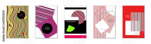 Geometric cover design, set of 5 covers. Abstract unusual background in Memphis style. Bright geometric shapes in random order
