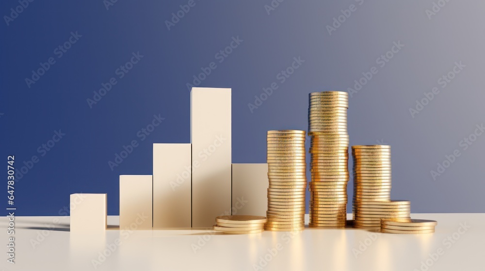 Investment illustration, stacks of gold coins and a bar chart in tones of gold and beige, blue background. Investment illustration, stacks of gold coins and a bar chart in tones of gold and beige, blue background.