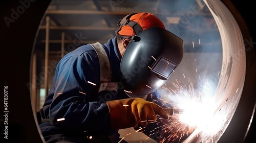 Welder wearing an orange cap and welding a flange on a large-diameter steel pipe, sparks flying around. 