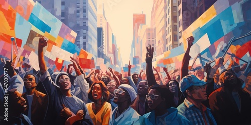 Political activism and protest illustration. Crowd of African Americans protesting in New York City. © Vitezslav Vylicil