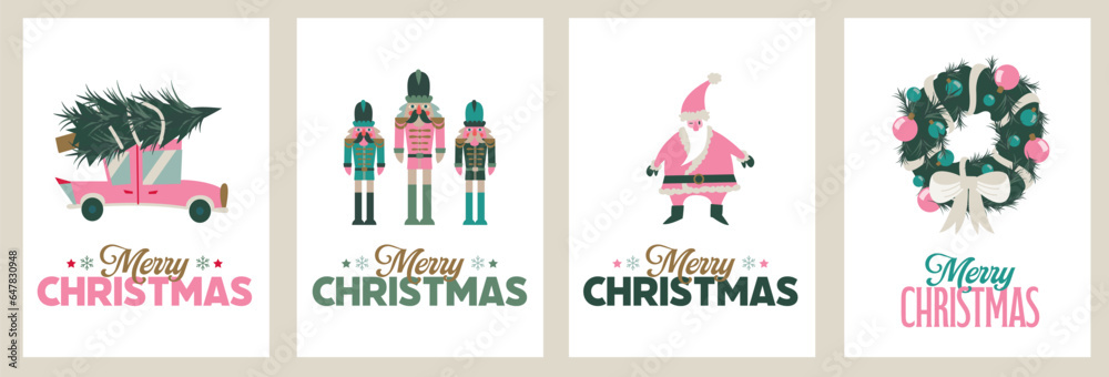 4 greeting cards, Wish cards for christmas. Bundle icons illustrations Xmas, Santa, christmas tree, car ni a vector style., celebration