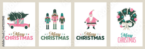 4 greeting cards, Wish cards for christmas. Bundle icons illustrations Xmas, Santa, christmas tree, car ni a vector style., celebration