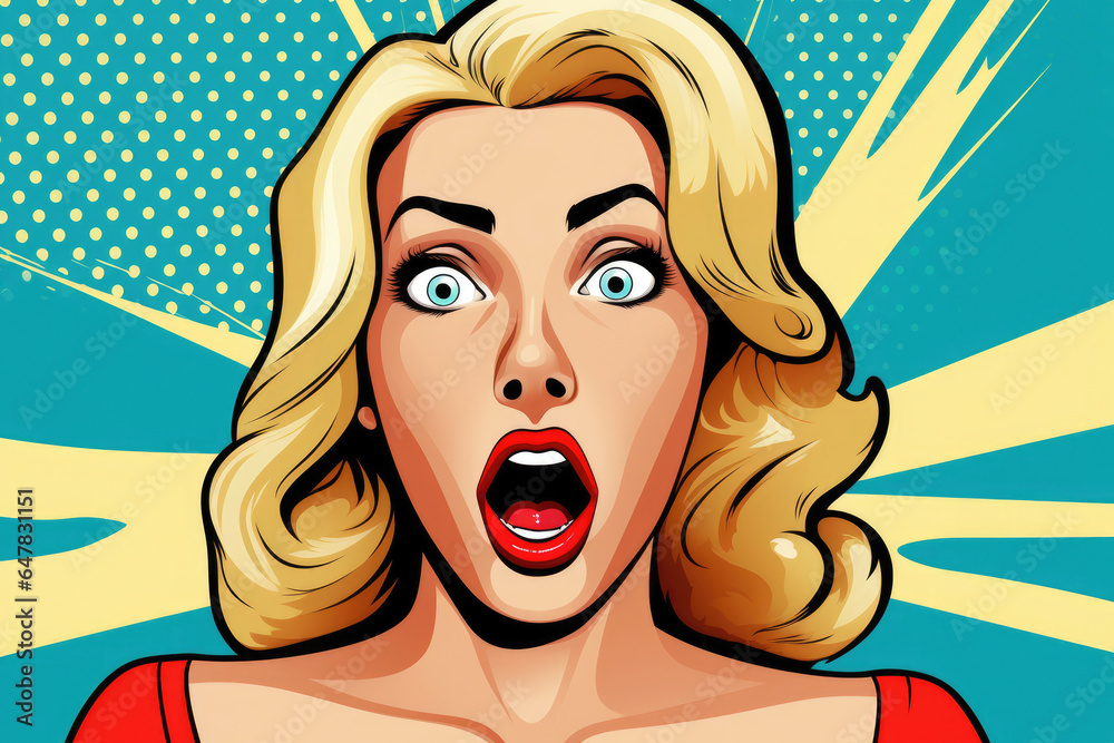 Pop art illustration of a surprised blonde woman, with her mouth and eyes wide open, embodying the classic dramatic announcement style. 