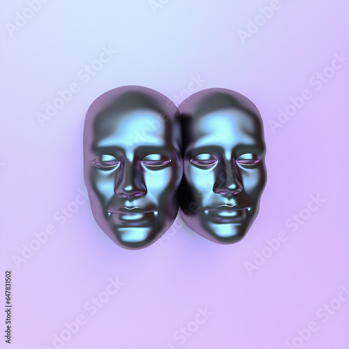 Surreal 3d illustration of two сonjoined faces on a pink background. Concept of psychological codependency and mental health issues.