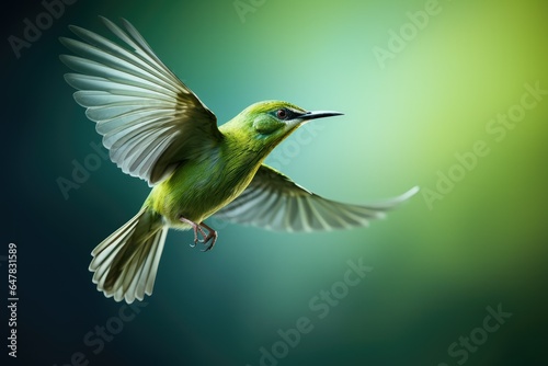 Green bird flying on solid green background © GalleryGlider