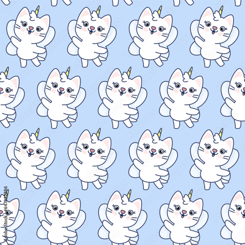 Seamless pattern of white kawaii cats on a blue background Seamless pattern of white kawaii cats on a blue background