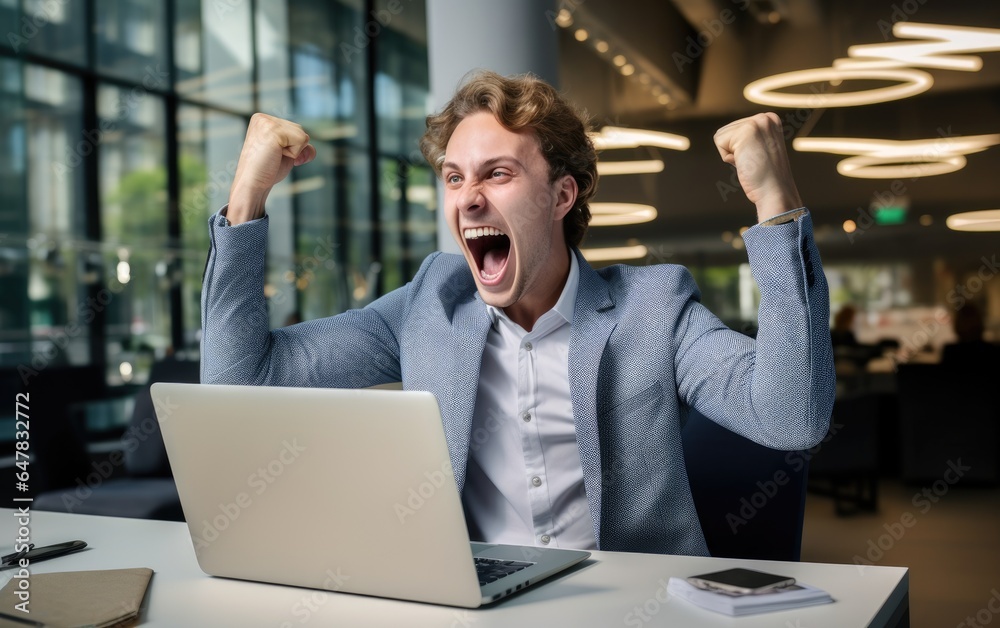 Winner businessman with online sale, email announcement of promotion or bonus success. Excited corporate person with fist pump for office celebration, salary increase or target. Generative AI Winner businessman with online sale, email announcement of promotion or bonus success. Excited corporate person with fist pump for office celebration, salary increase or target. Generative AI