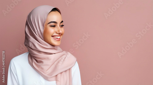copy space, rule of thirds, high quality photo, a closeup photo portrait of a beautiful young arab muslim model woman wearing hijab headscarf and smiling. used for a ad