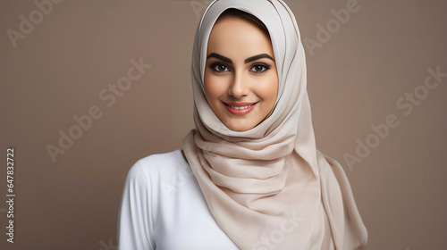 copy space, rule of thirds, high quality photo, a closeup photo portrait of a beautiful young arab muslim model woman wearing hijab headscarf and smiling. used for a ad