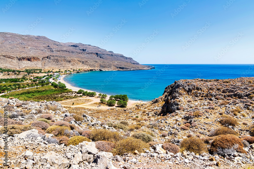 The peaceful village of Kato Zakros in the eastern part of Crete with a beach and tamarisks, Greece