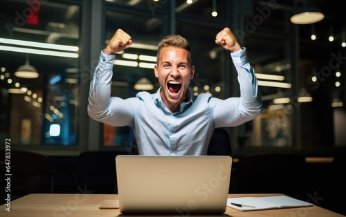 Winner businessman with online sale, email announcement of promotion or bonus success. Excited corporate person with fist pump for office celebration, salary increase or target. Generative AI