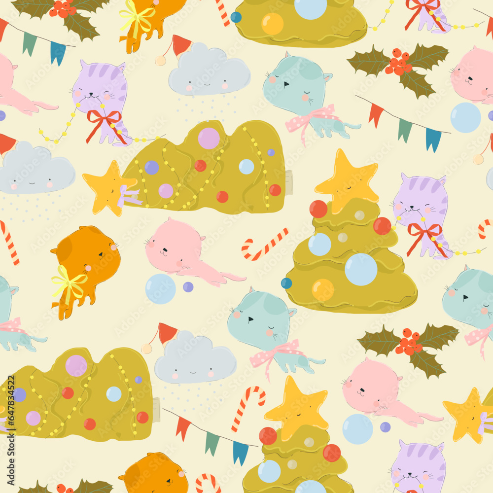 Fototapeta premium Seamless Pattern with Cats dropped the Christmas Tree