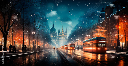 Night snowy Christmas German city Berlin, New Year holiday, blurred background - AI generated image