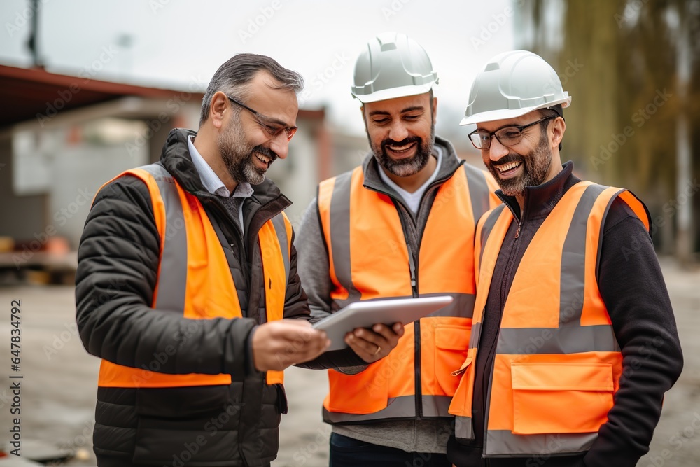 Smiling construction workers checking their smartphones and tablets at a construction site Smiling construction workers checking their smartphones and tablets at a construction site