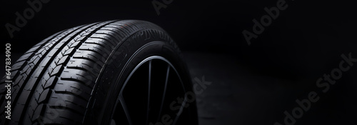 New car tire. Road wheel on dark background. Summer Tire with asymmetric tread design. Driving car concept. Copy space. Generative AI