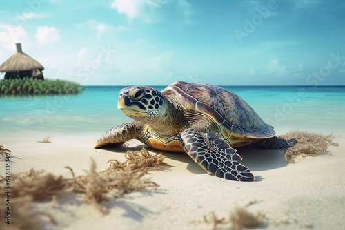 turtle on the beach, sea in background © neirfy