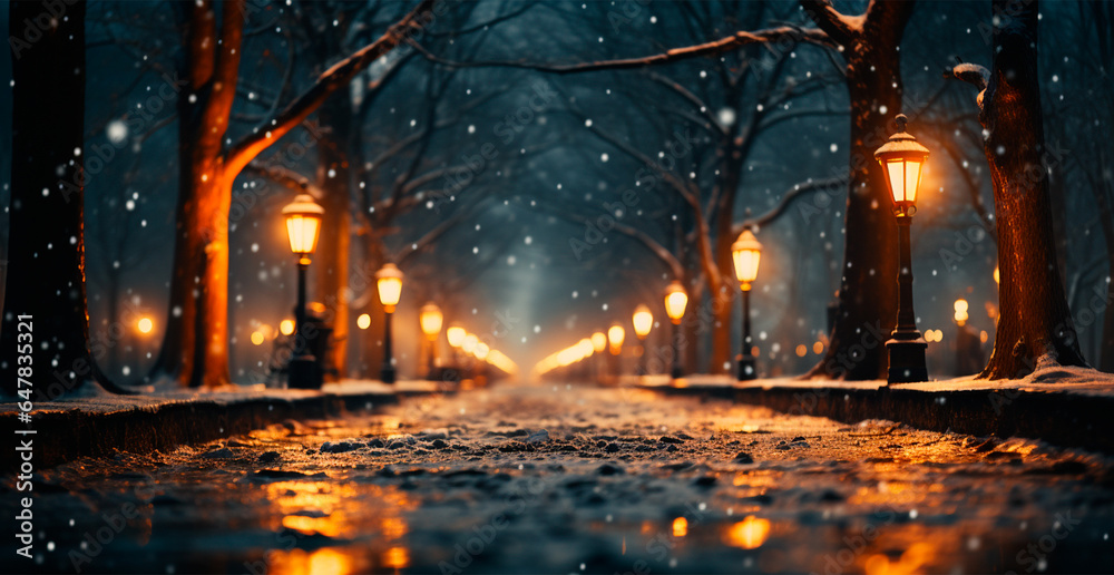 Night snowy Christmas German city Berlin, New Year holiday, blurred background - AI generated image - obrazy, fototapety, plakaty 