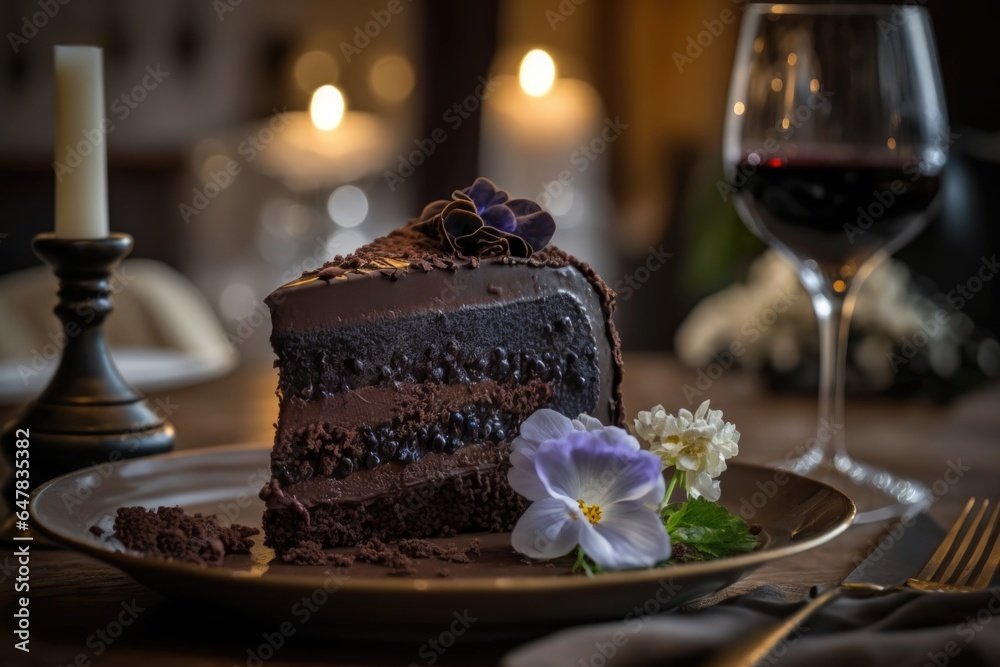 Piece of chocolate cake on a plate with a glass of red wine